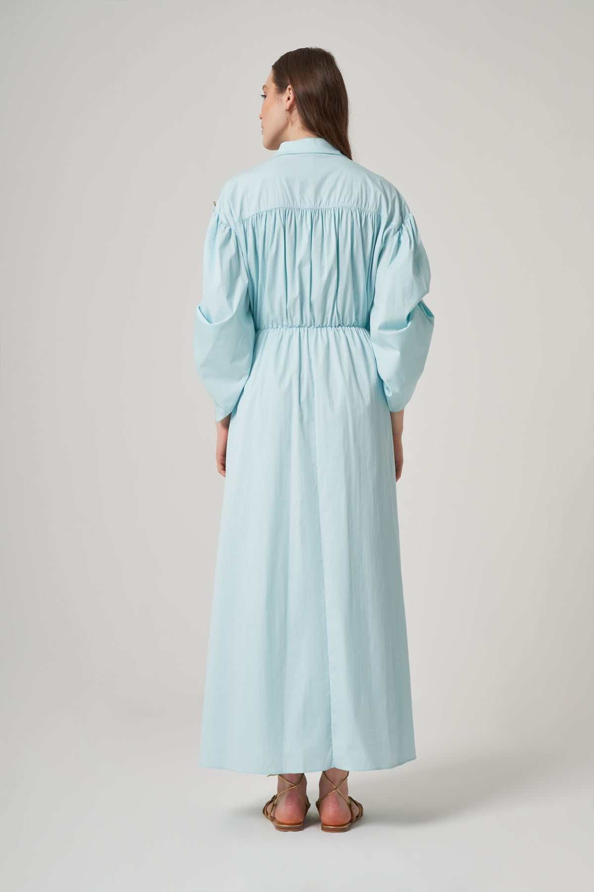 Long Sleeve Maxi Linen Column Regular Aqua Dress