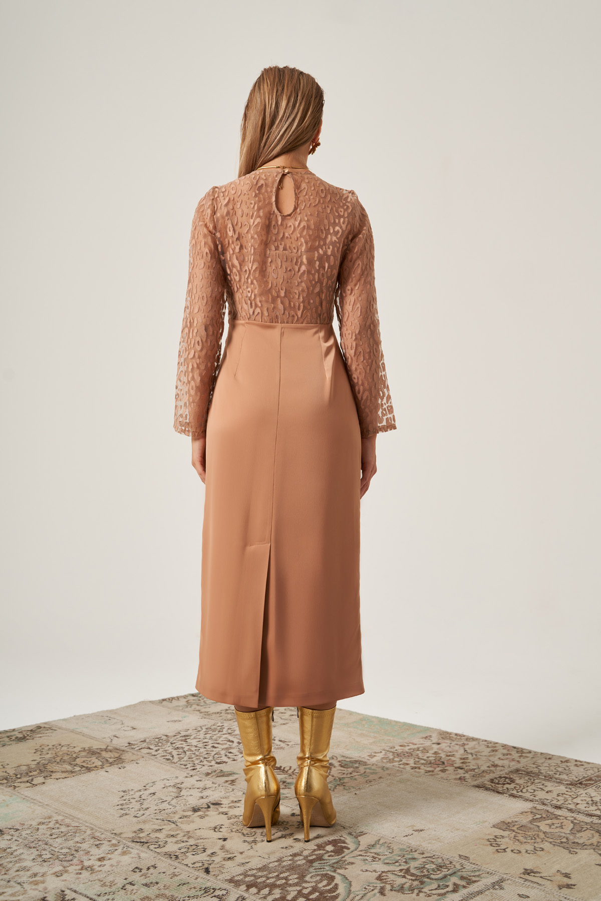 Beige Organza Top Satin Dress