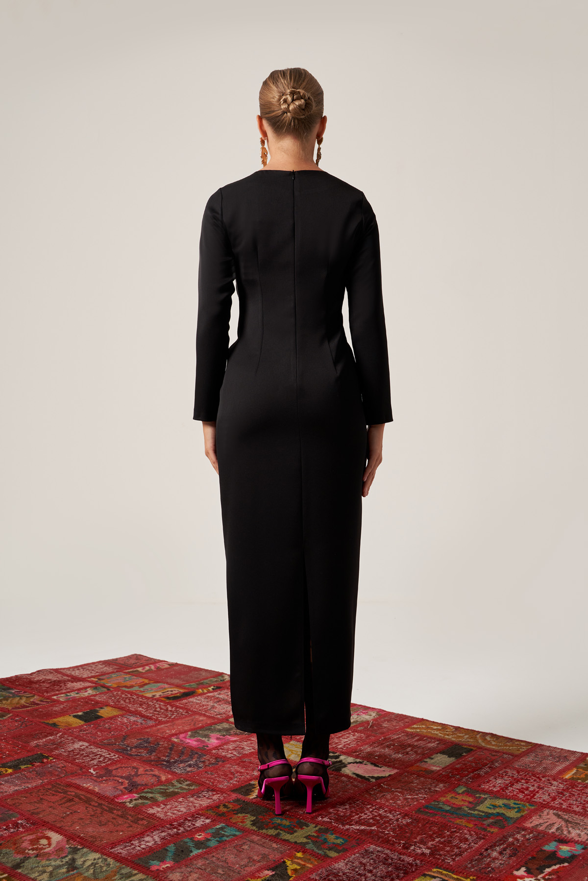 Black Long Sleeve Midi Viscose Column Regular Casual Dress