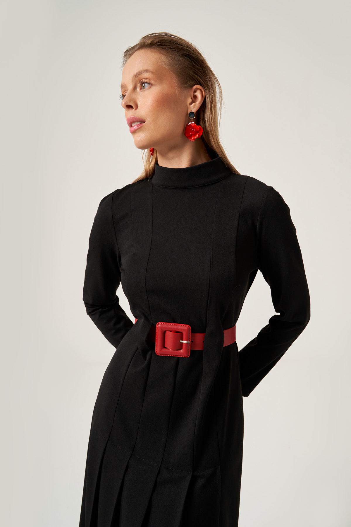 Black Pleated Leather Belted Dress
