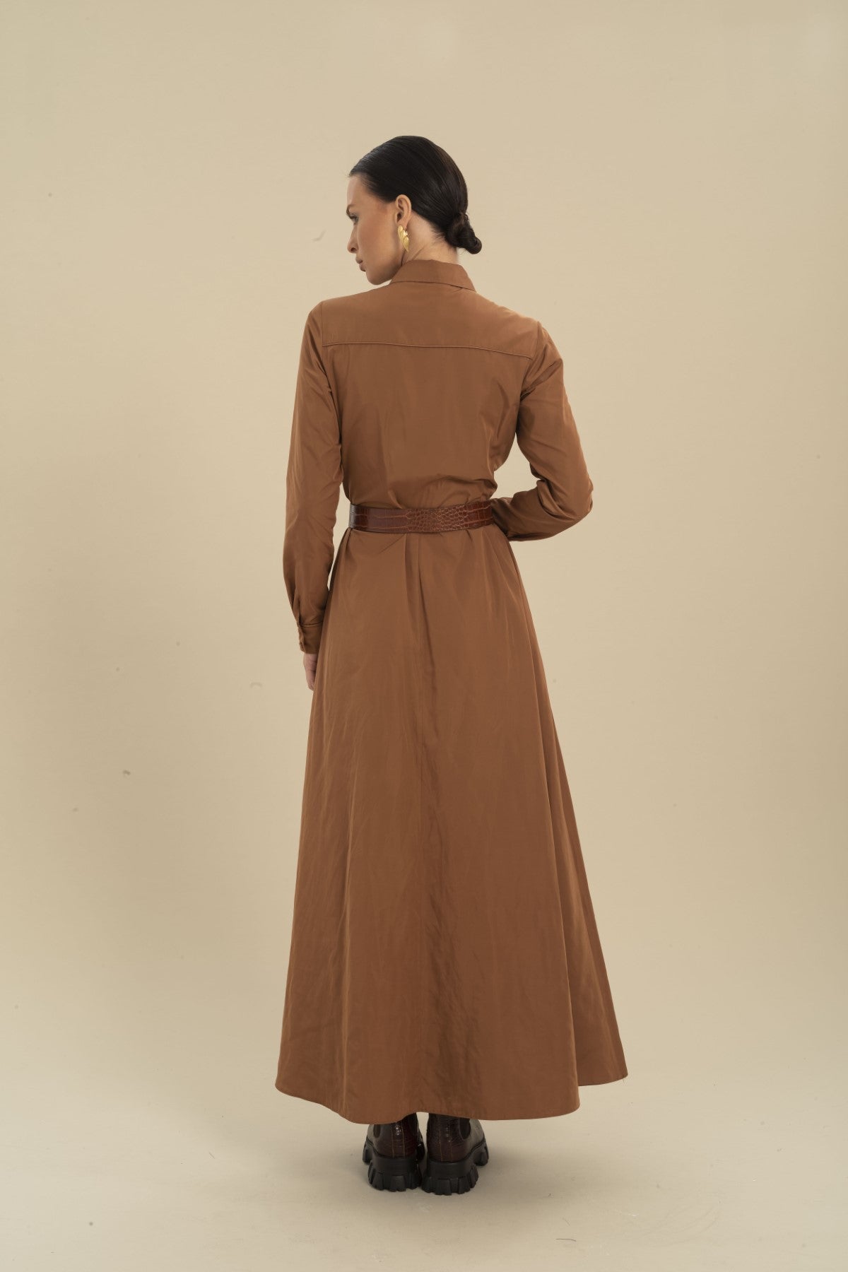 Brown Ruffled Belted Midi Dress