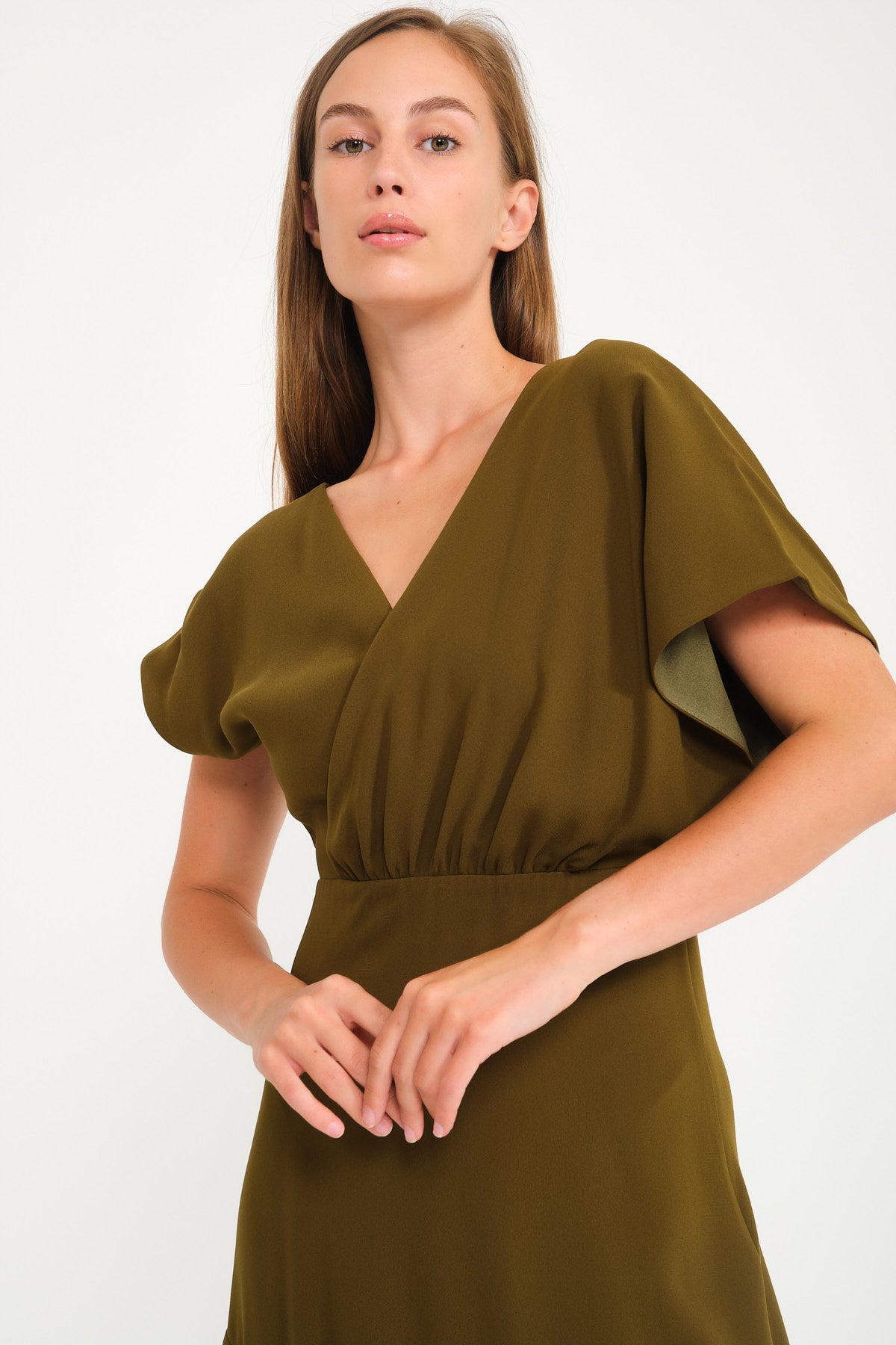Dark Olive V-Neck Short Sleeve Dress
