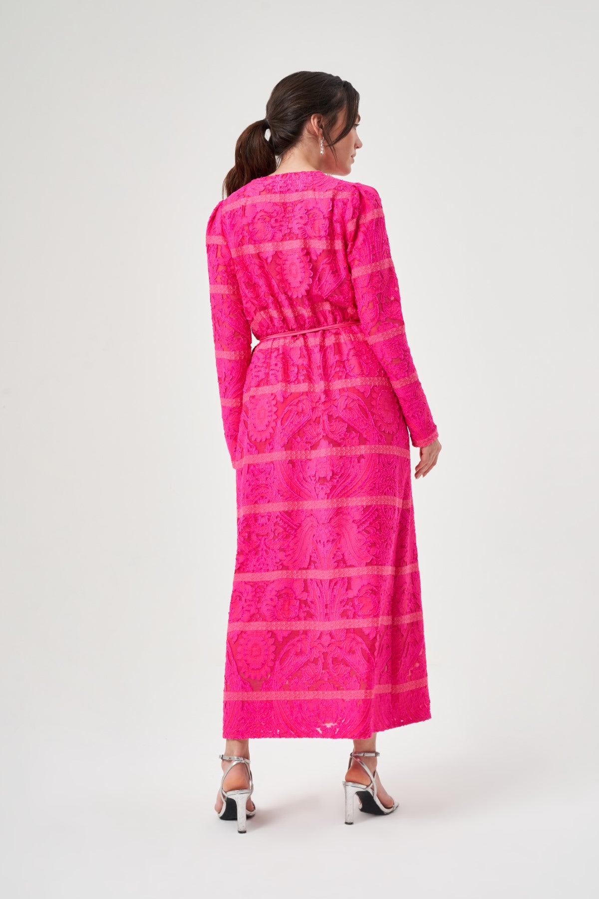 Fuchsia Cut Jacquard Dress with Double-Breasted Closure
