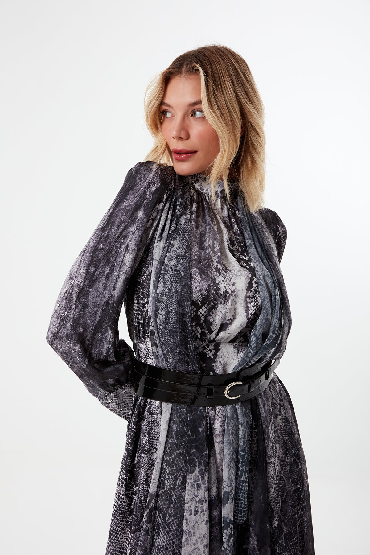 Gray Snakeskin Patterned Leather Belted Dress