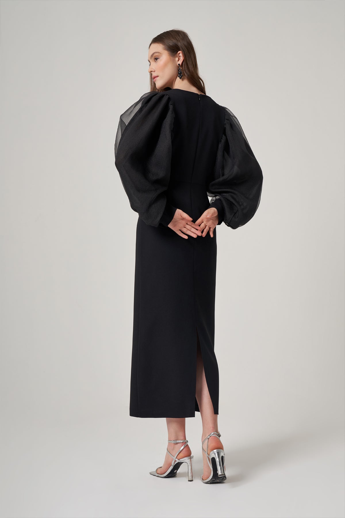 Organza Long-Sleeved Black Polyester Dress