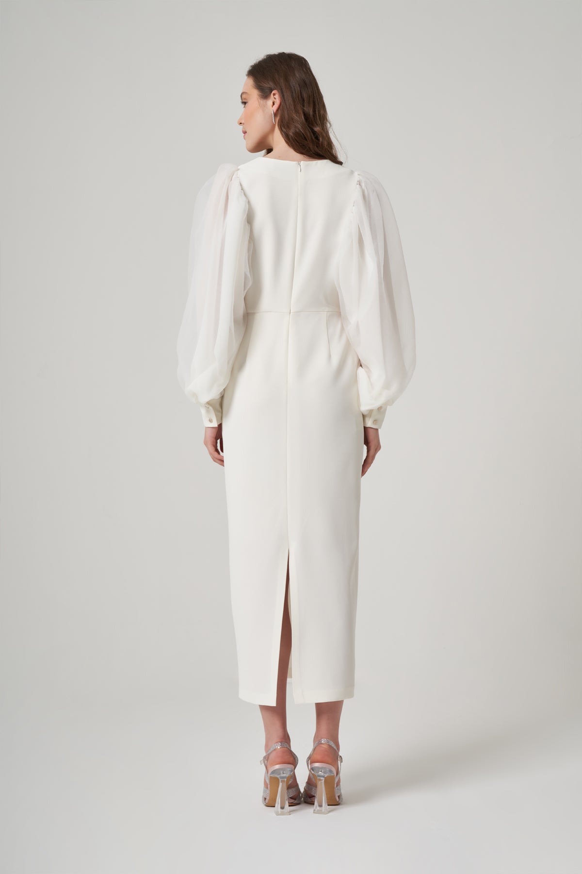 Organza Long-Sleeved White Polyester Dress