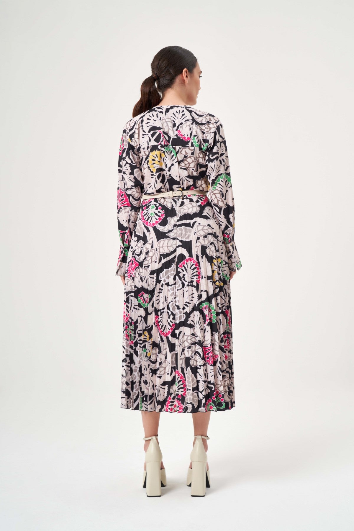 Floral Patterned Dress with Leather Belt Accessory