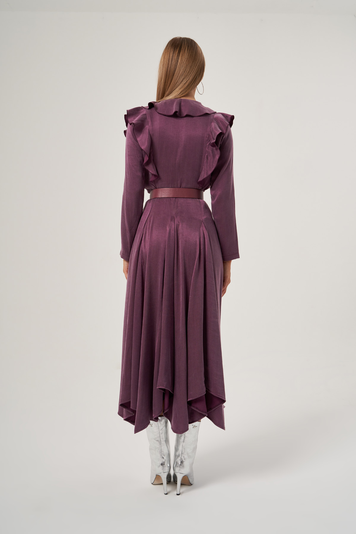 Purple Ruffled Neckline Pleated Dress