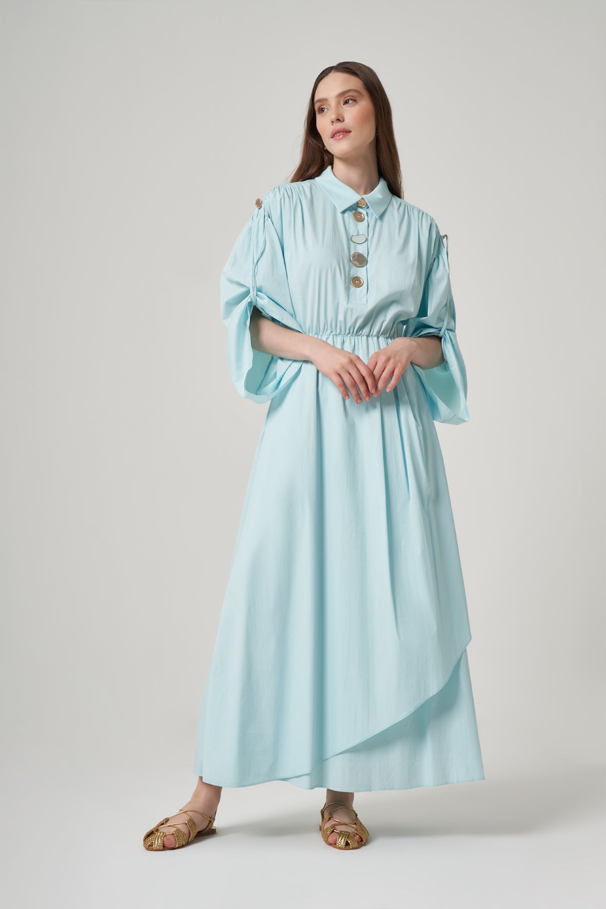 Long Sleeve Maxi Linen Column Regular Aqua Dress