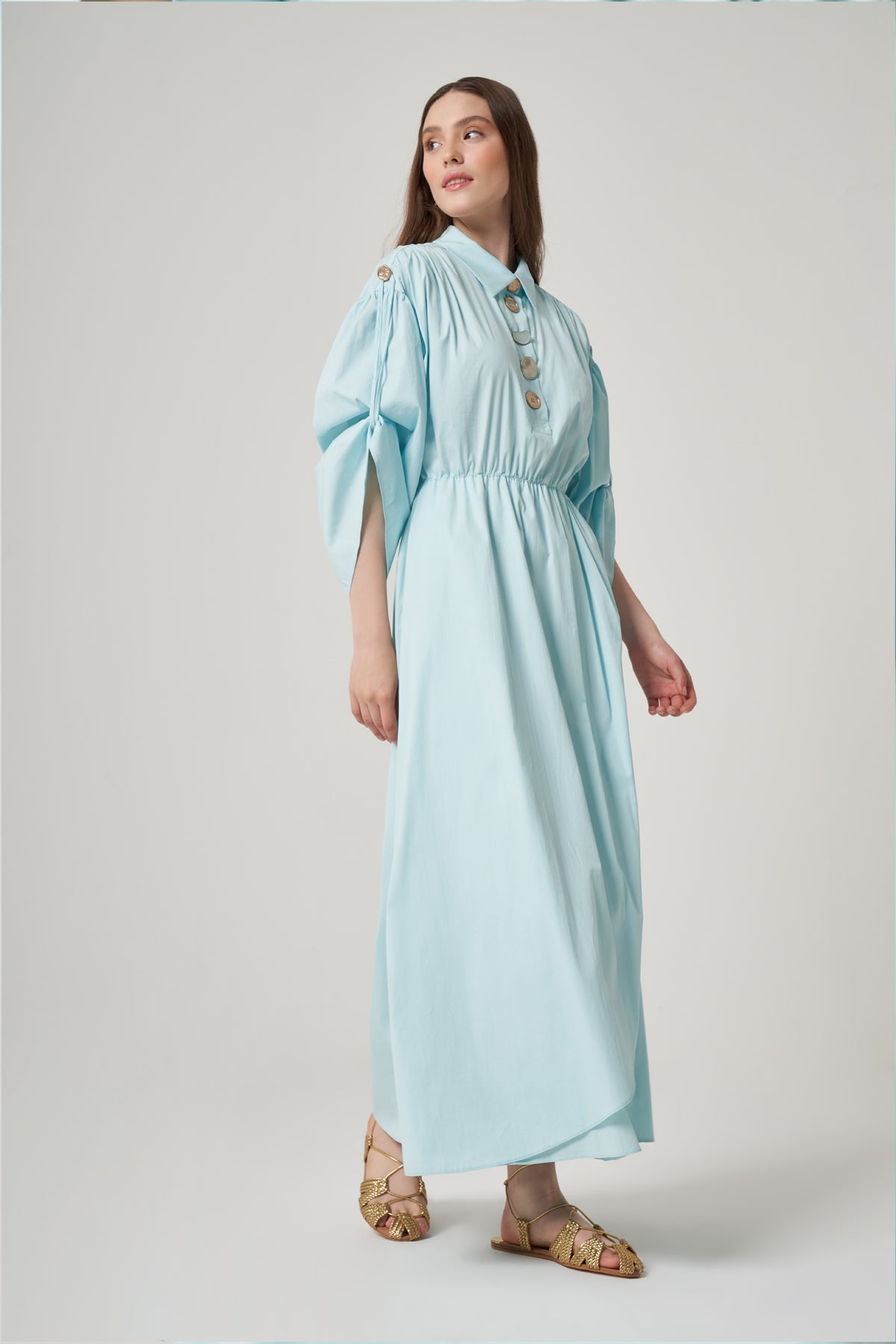 Long Sleeve Maxi Linen Column Regular Aqua Dress