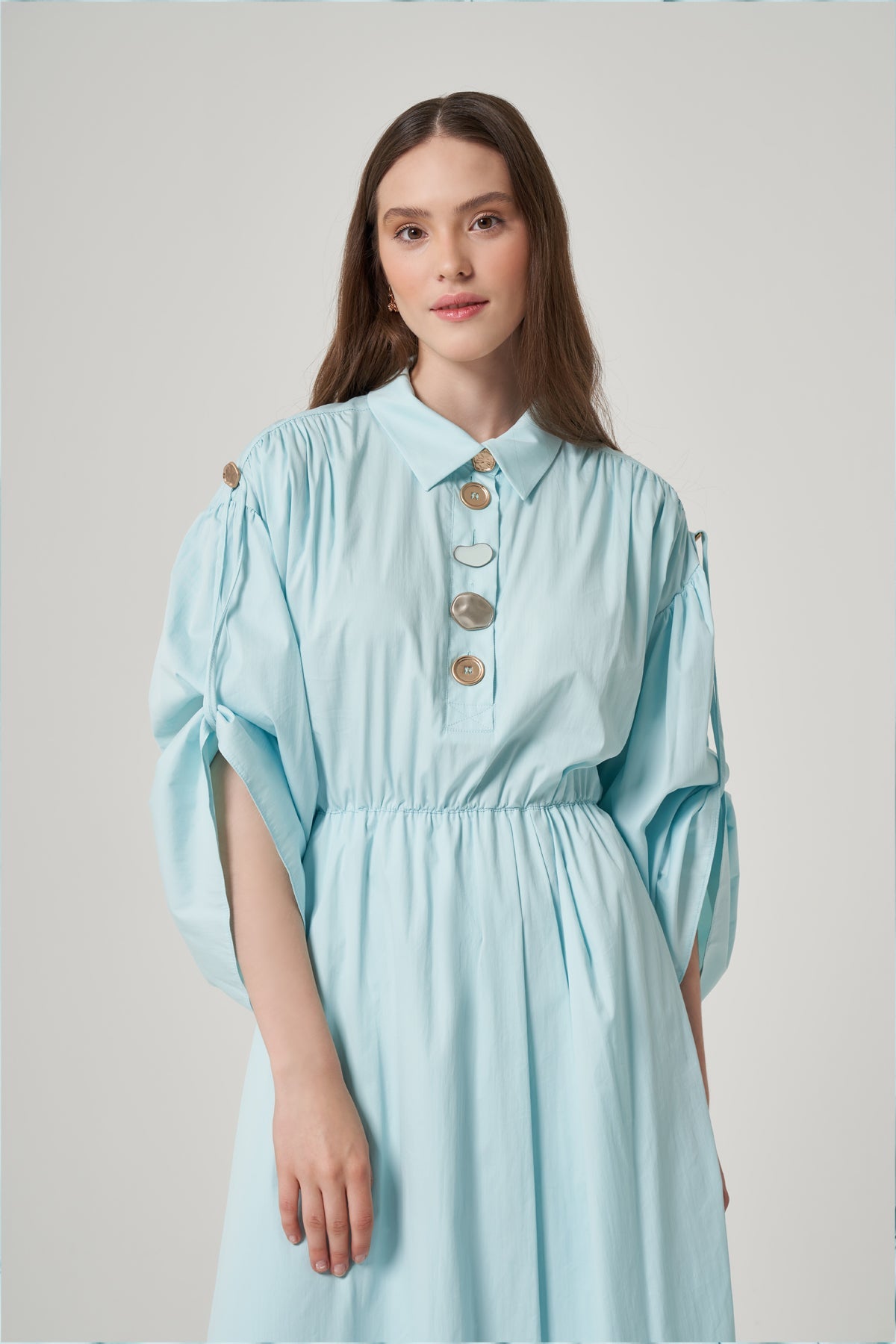 Long Sleeve Maxi Linen Column Regular Aqua Dress