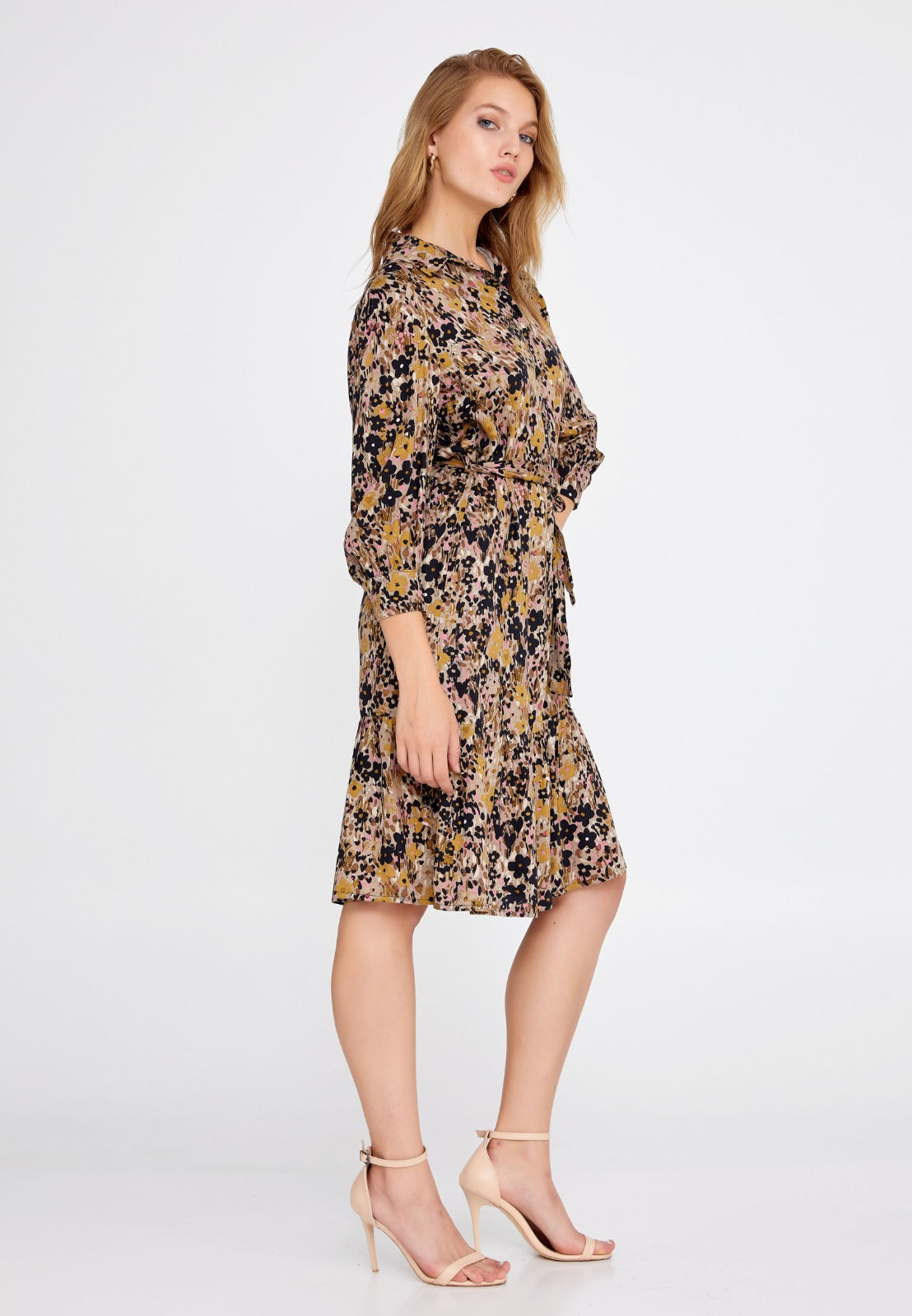 Beige Brown Crepe Midi Dress 3