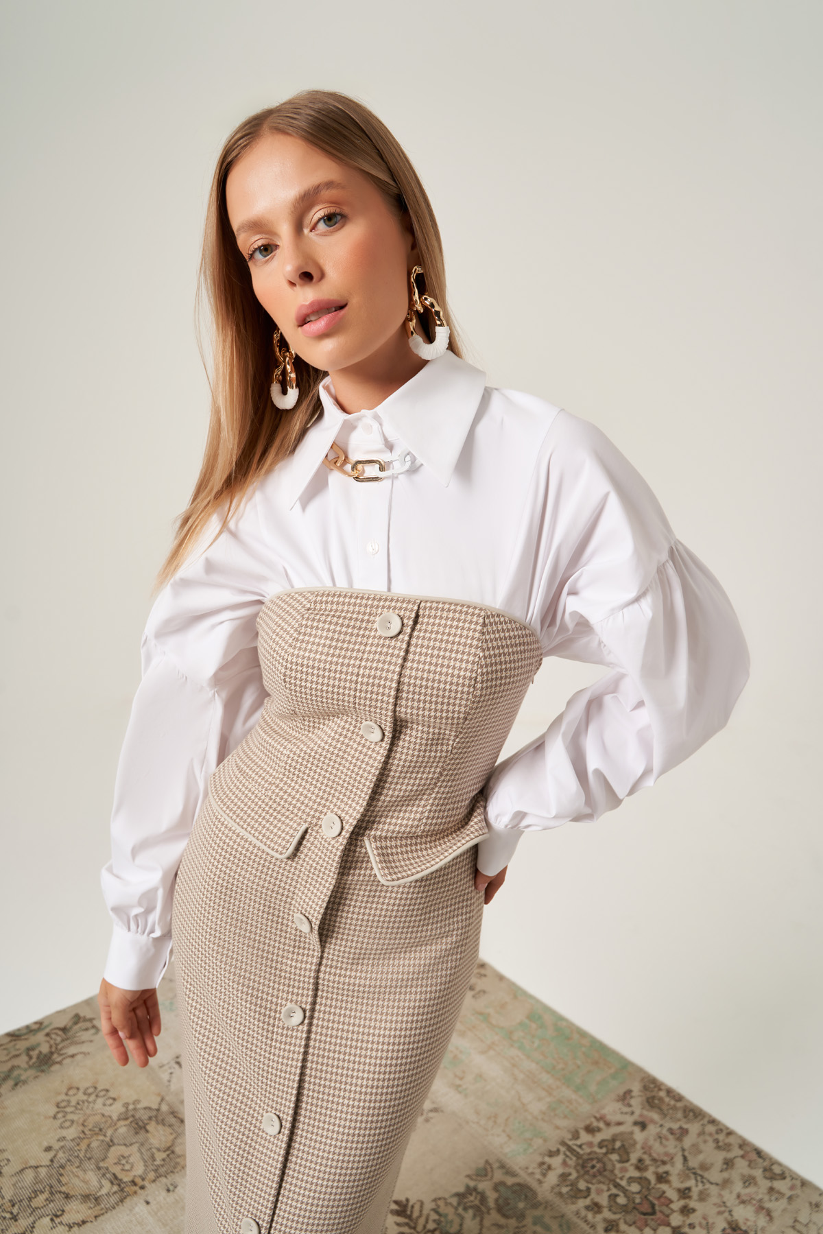 Beige Bustier Dress with Leather Trim
