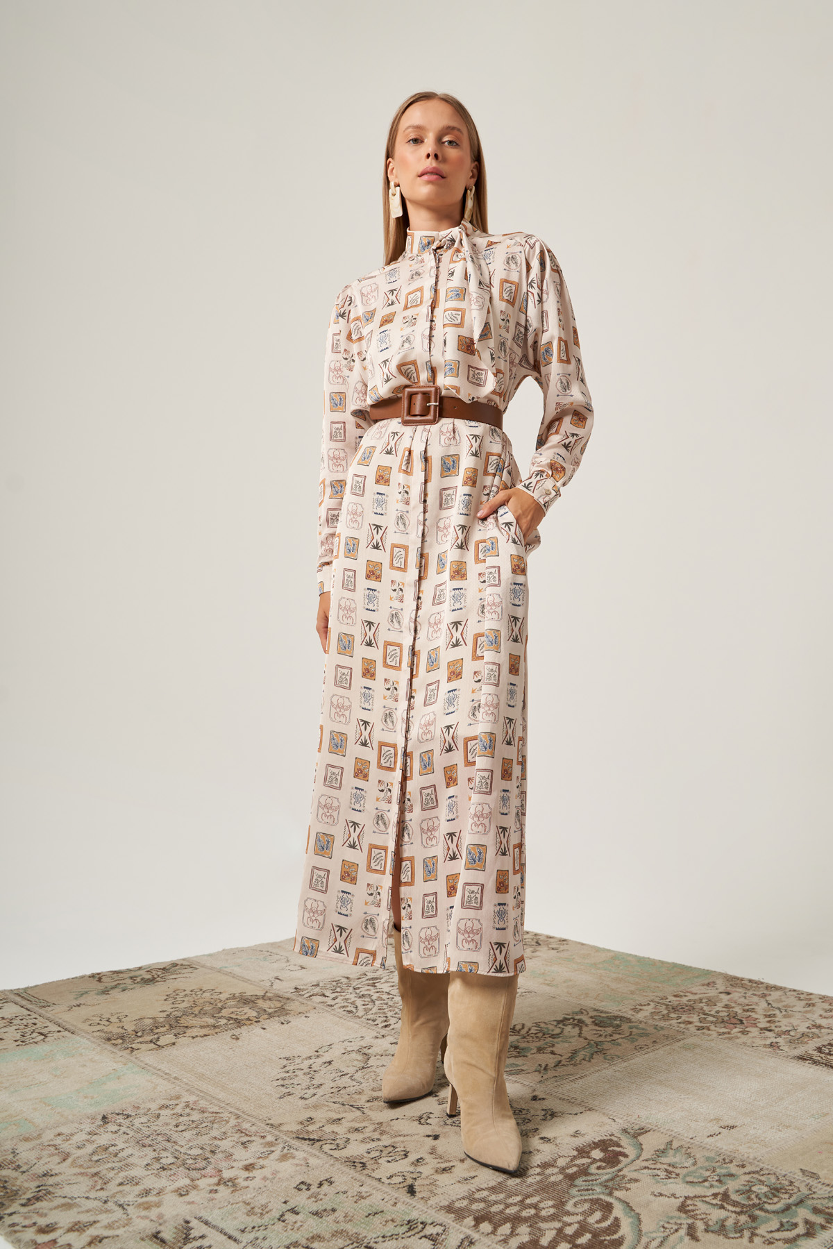 Beige Scarf Detailed Belted Shirt Dress zeremez Beige Scarf Detailed Belted Shirt Dress zeremez