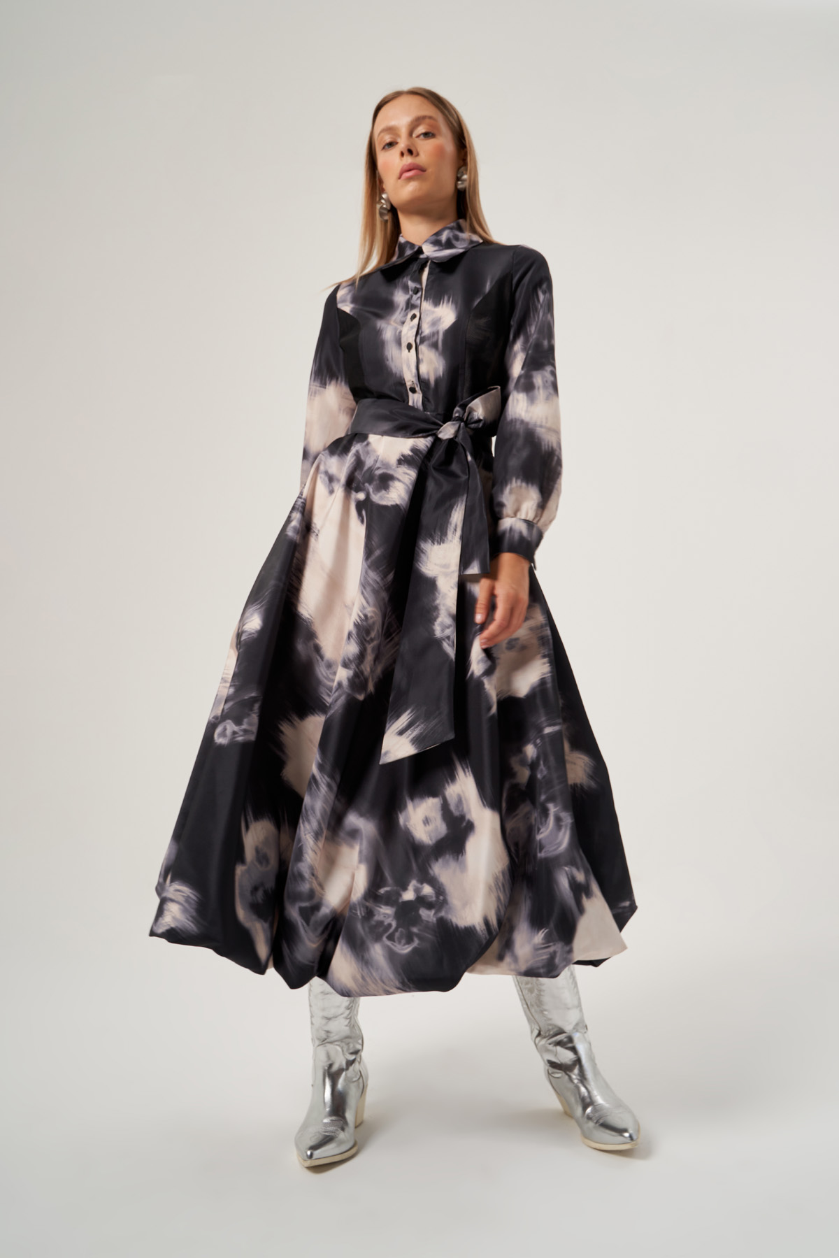 Black Balloon Skirt Belted Dress