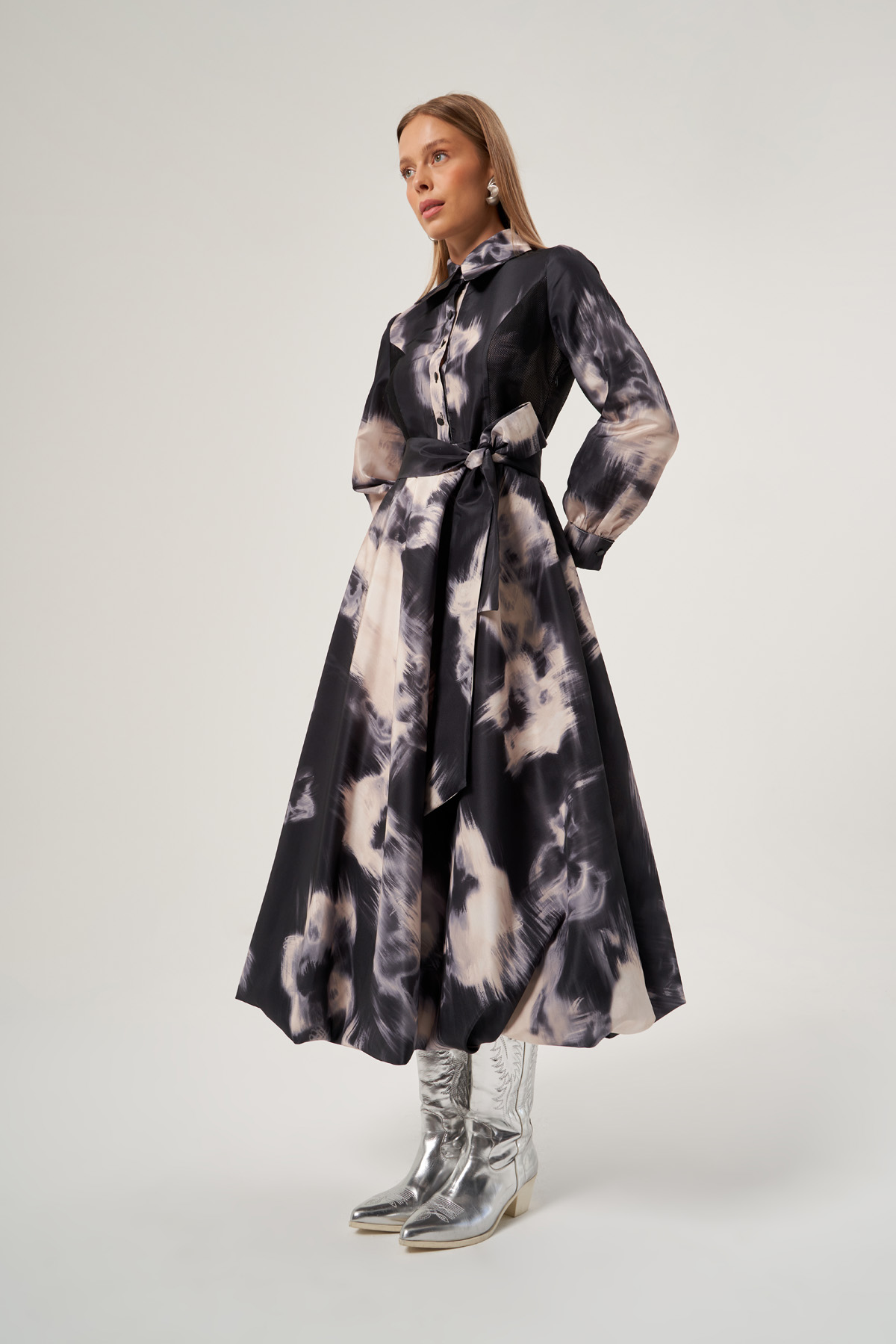 Black Balloon Skirt Belted Dress