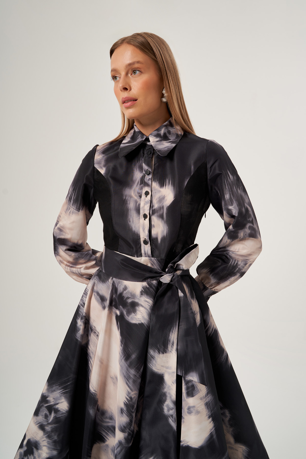Black Balloon Skirt Belted Dress