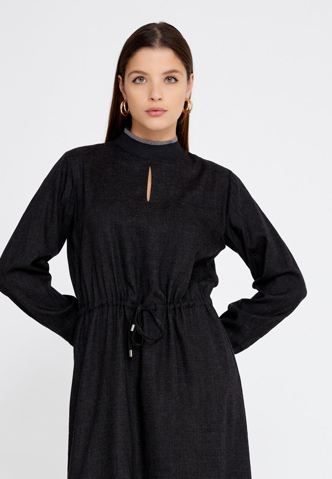 Black Grey Crepe Midi Dress 4