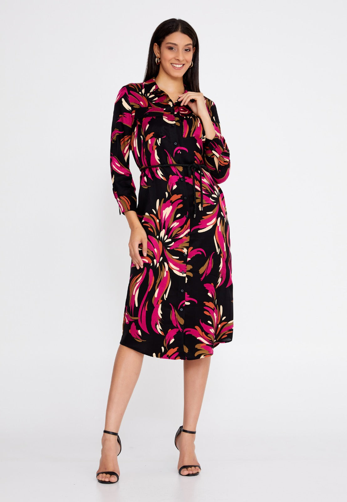Black Pink Satin Midi Dress 2