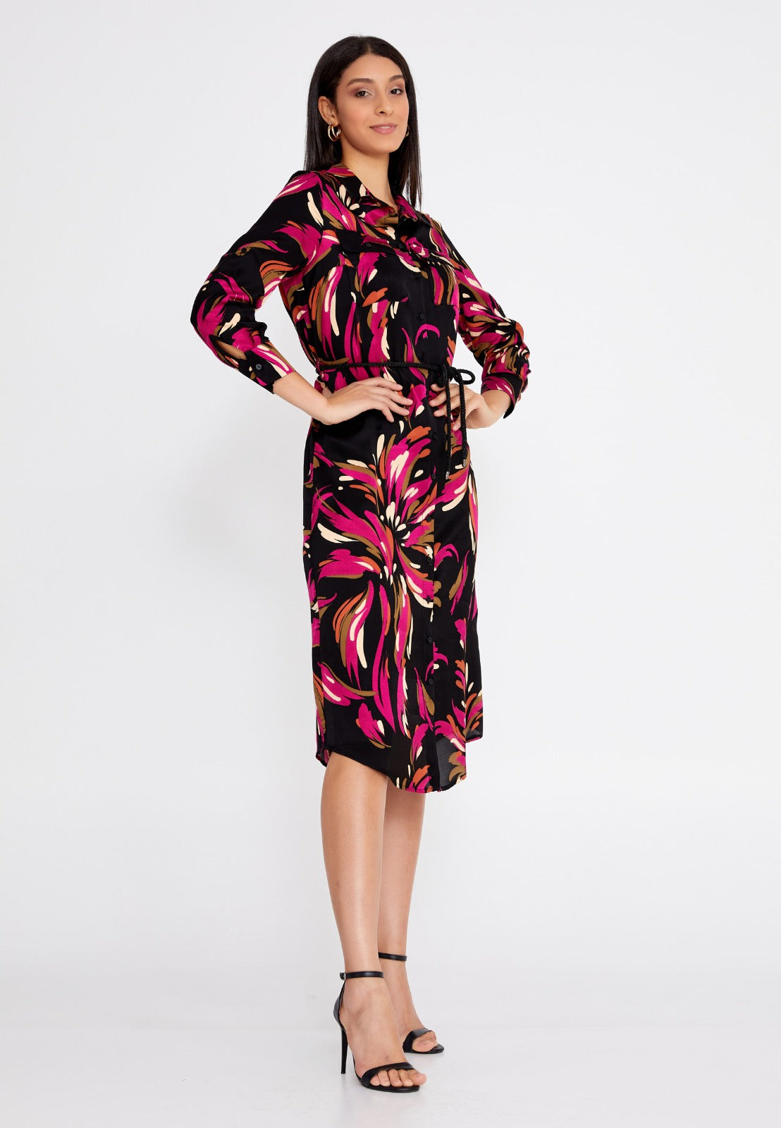 Black Pink Satin Midi Dress 4