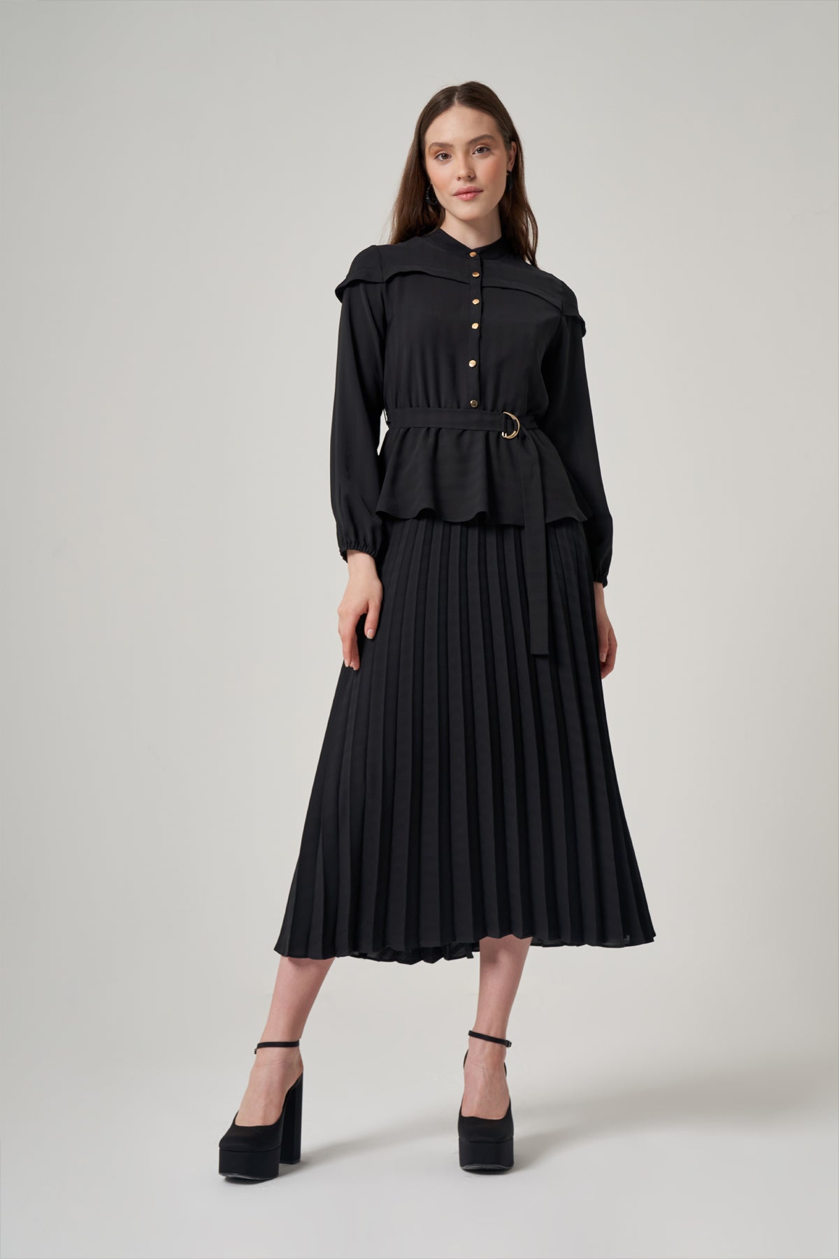 Black Long Dress with Pleated Skirt