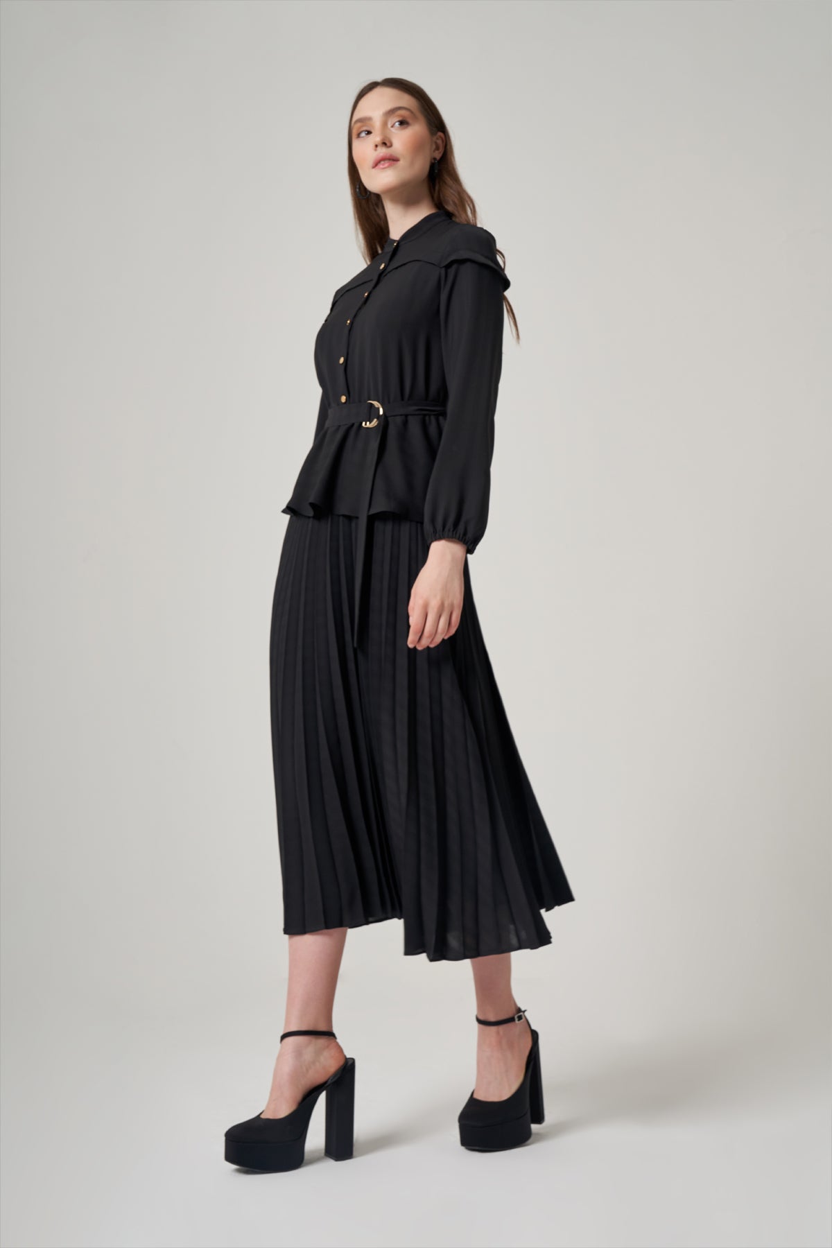 Black Long Dress with Pleated Skirt