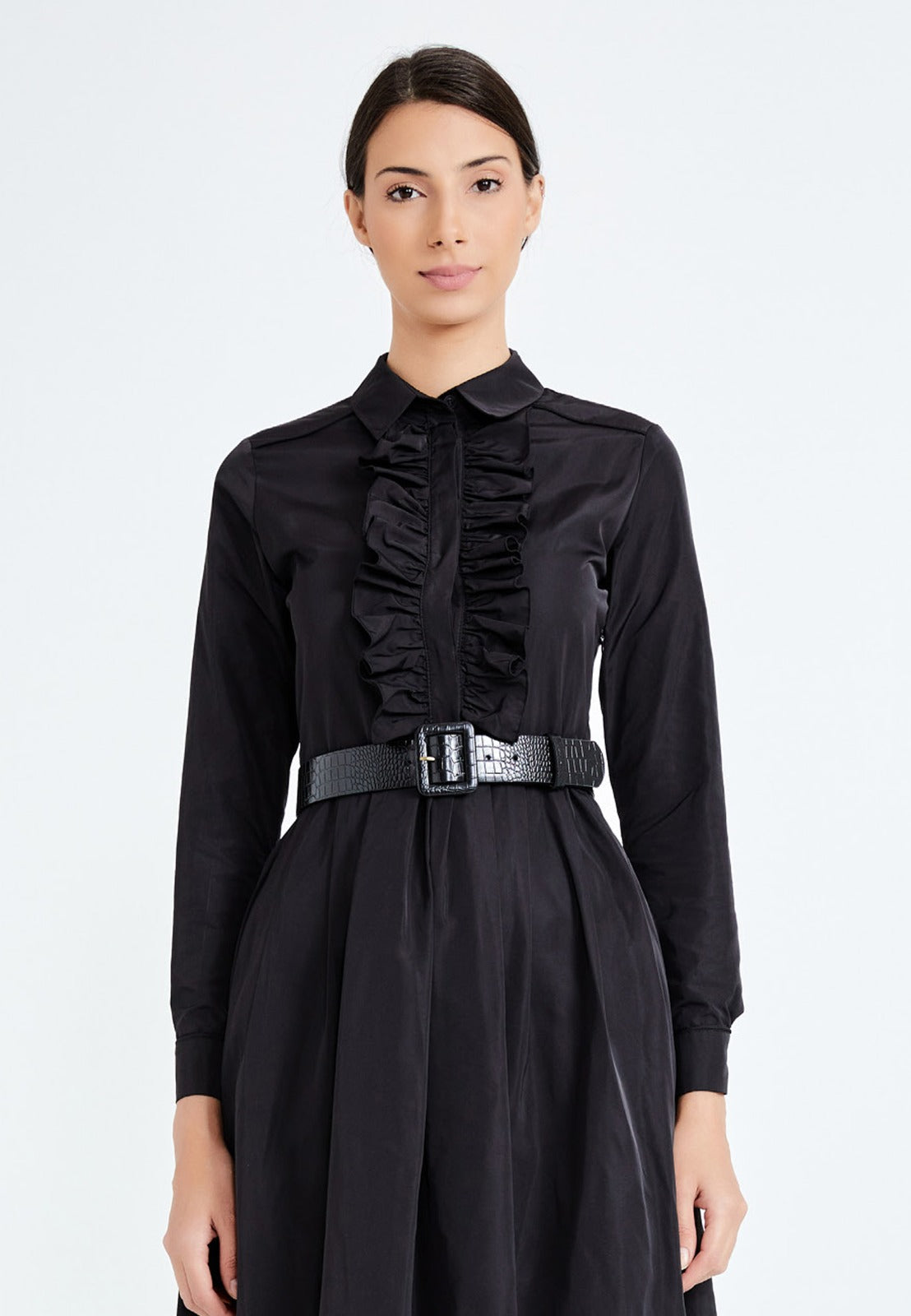 Black Ruffled Belted Midi Dress 4