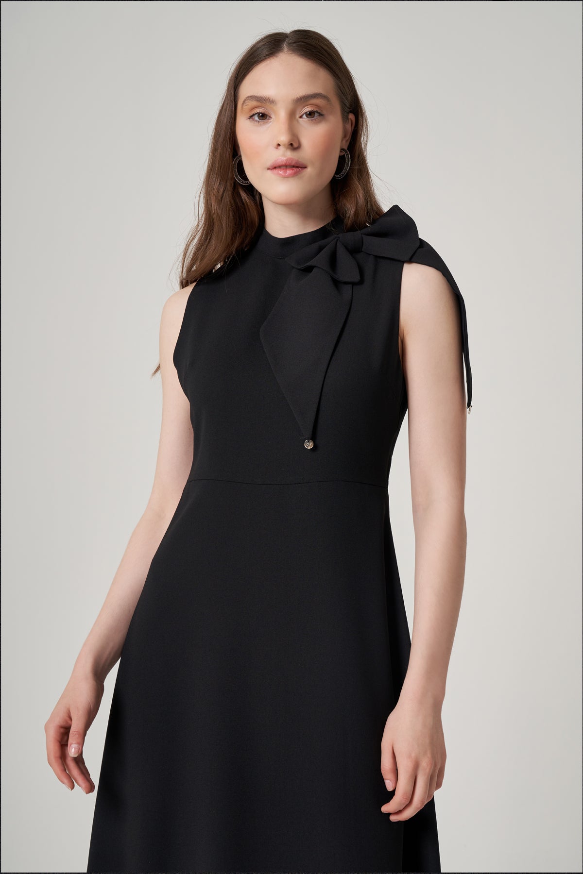 Black Bow Tie Crepe Dress with Upper Collar