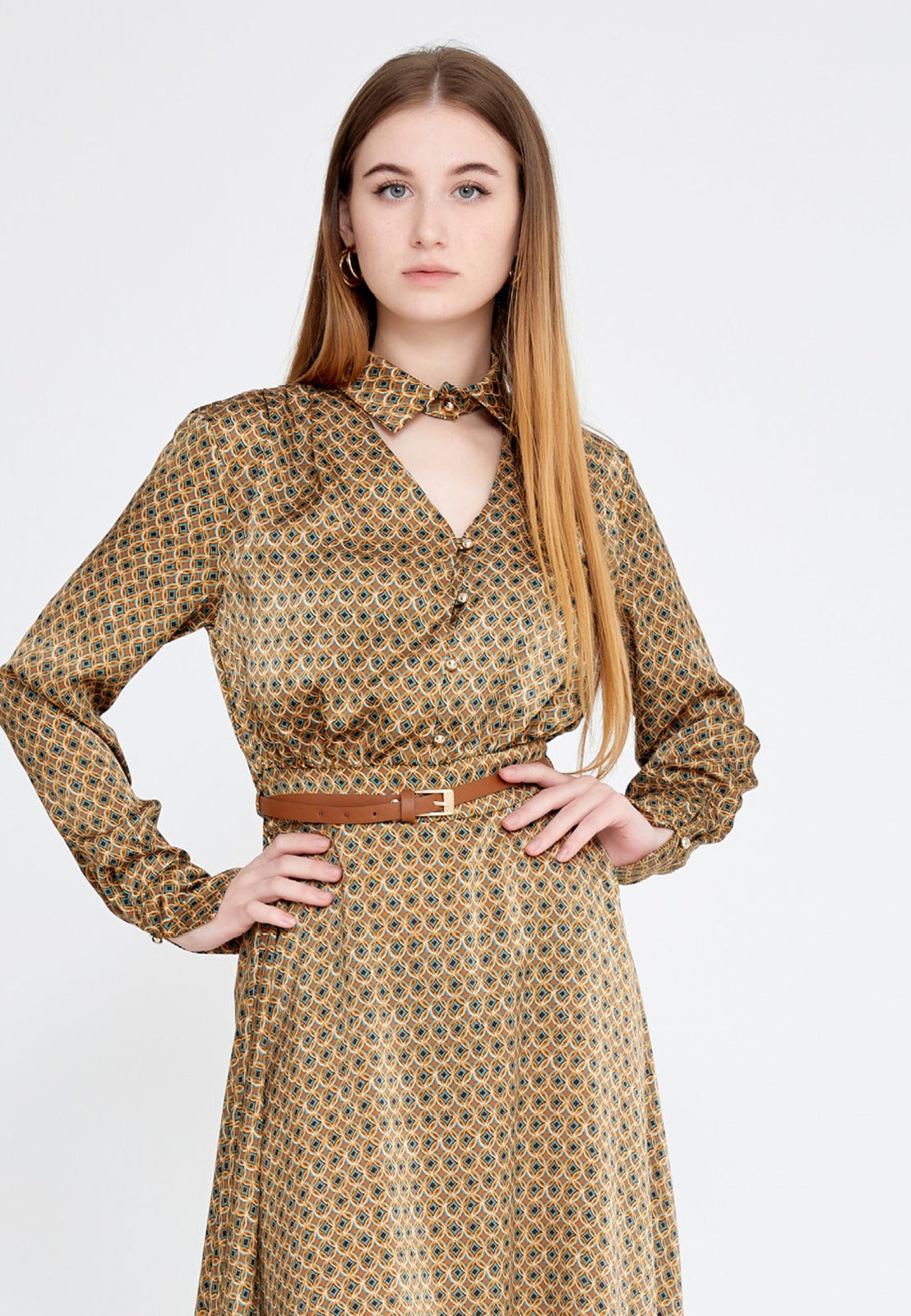 Brown Green Satin Midi Dress 4