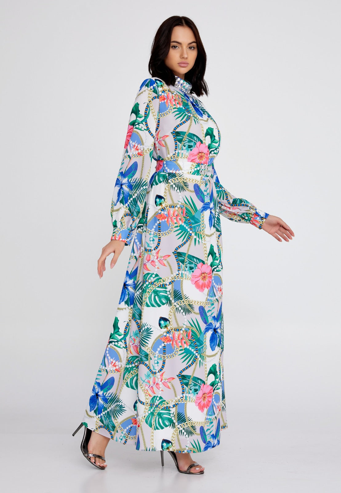 Ecru Green Floral Satin Maxi Dress 4