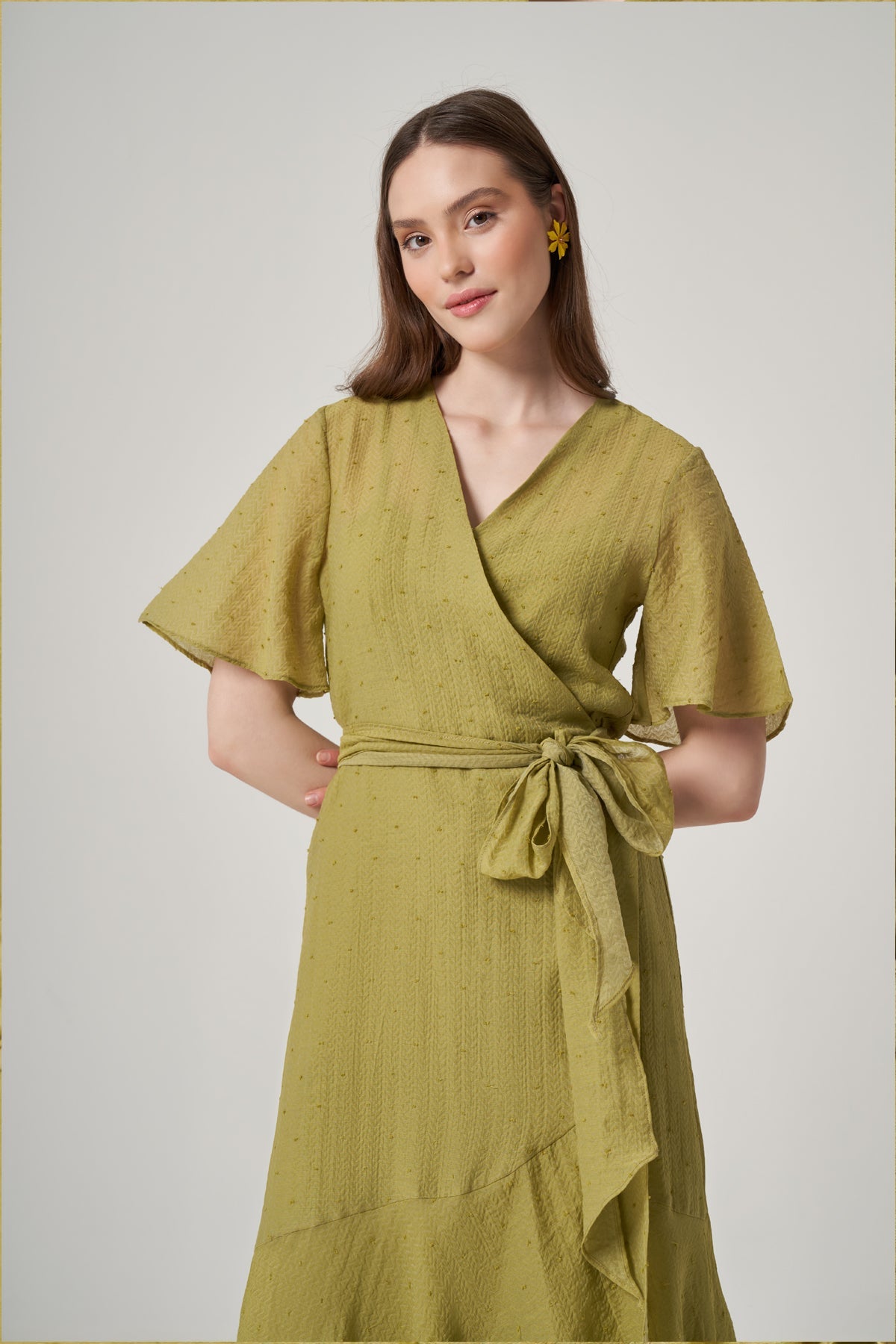 Green Short Sleeve Cotton Dress with Waist Tie