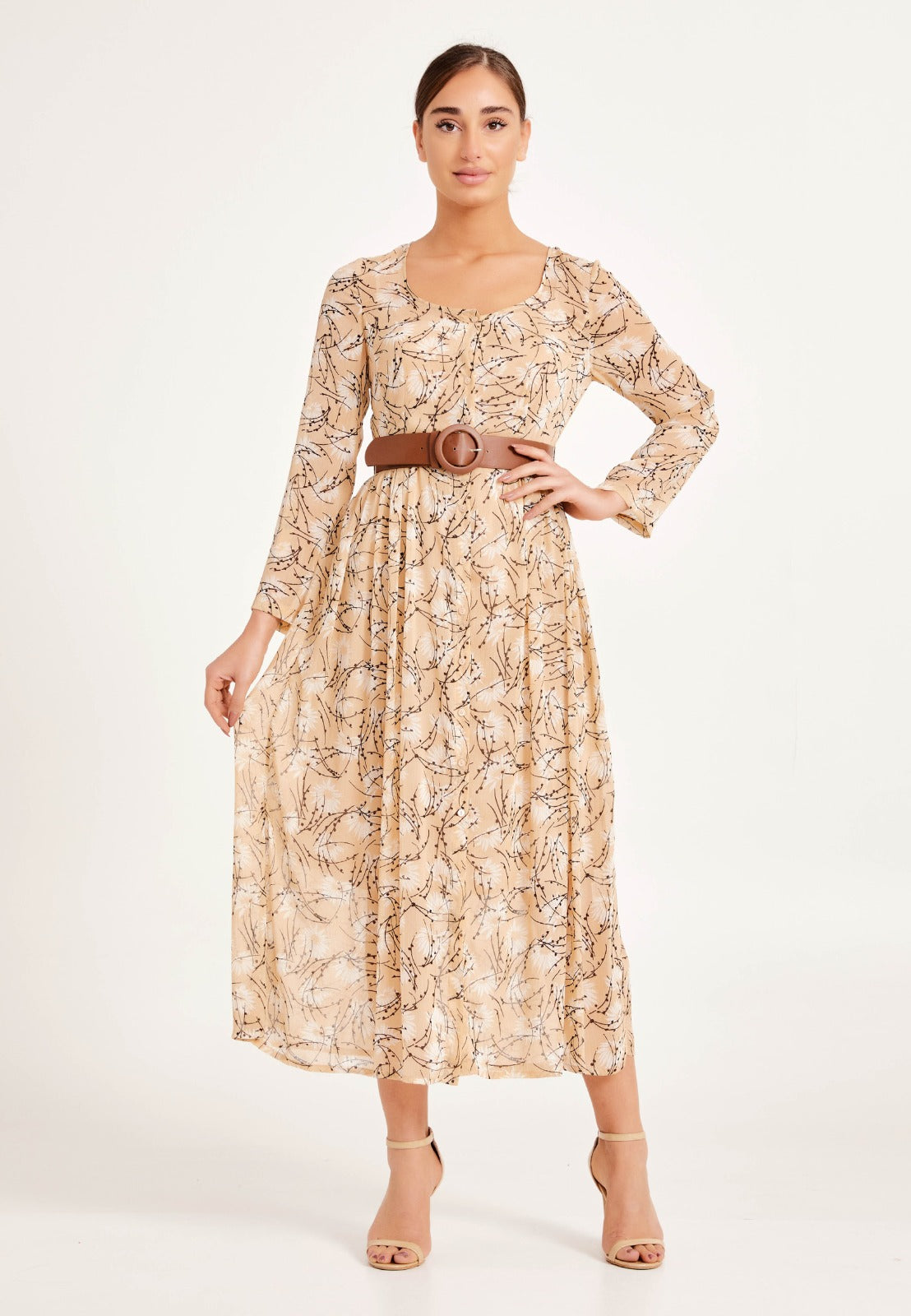 Beige Chiffon Midi Dress zeremez Beige Chiffon Midi Dress zeremez