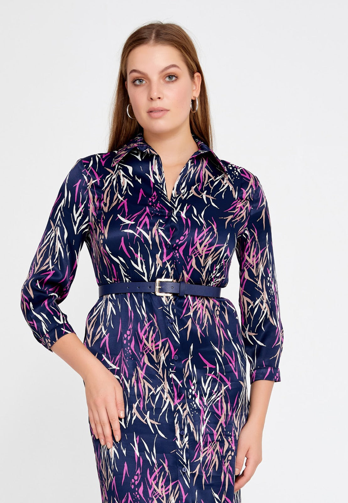 Navy Fuchsia Satin Midi Dress 3