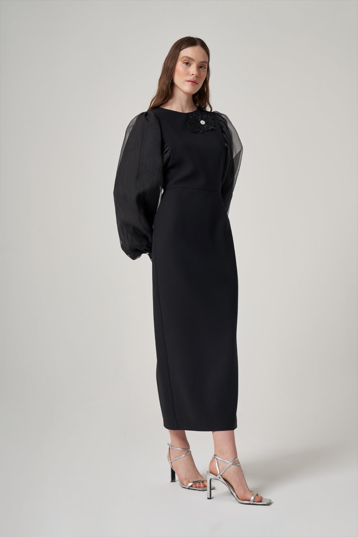 Organza Long-Sleeved Black Polyester Dress