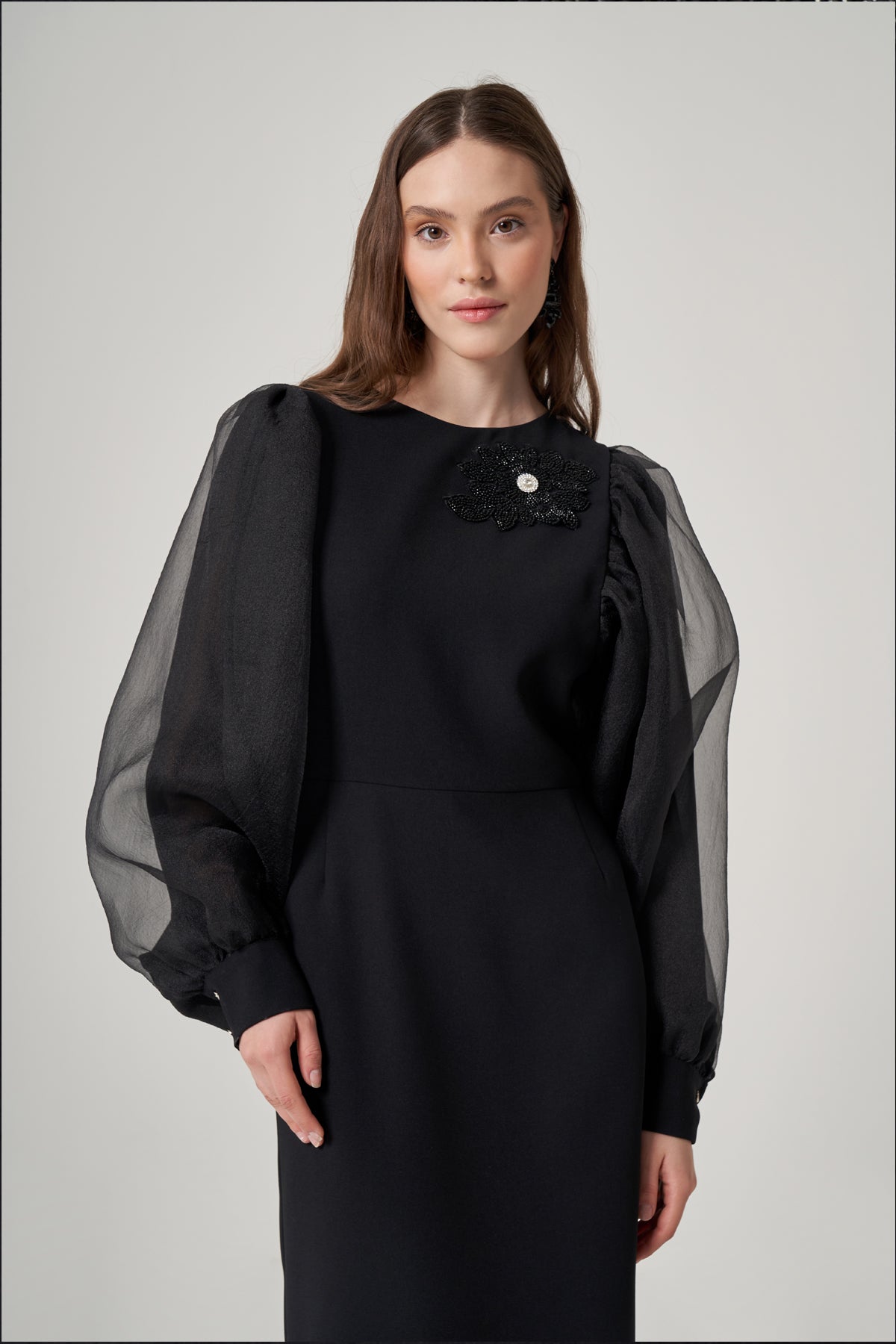 Organza Long-Sleeved Black Polyester Dress