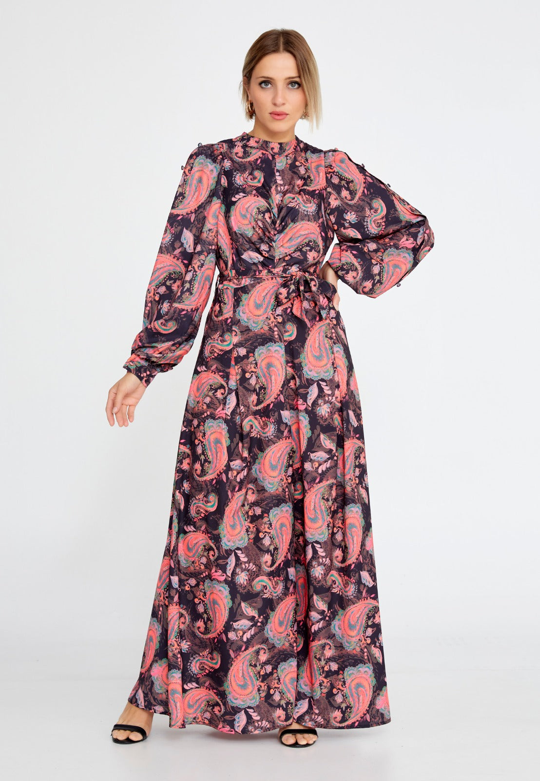 Pink Black Floral Crepe Maxi Dress 1
