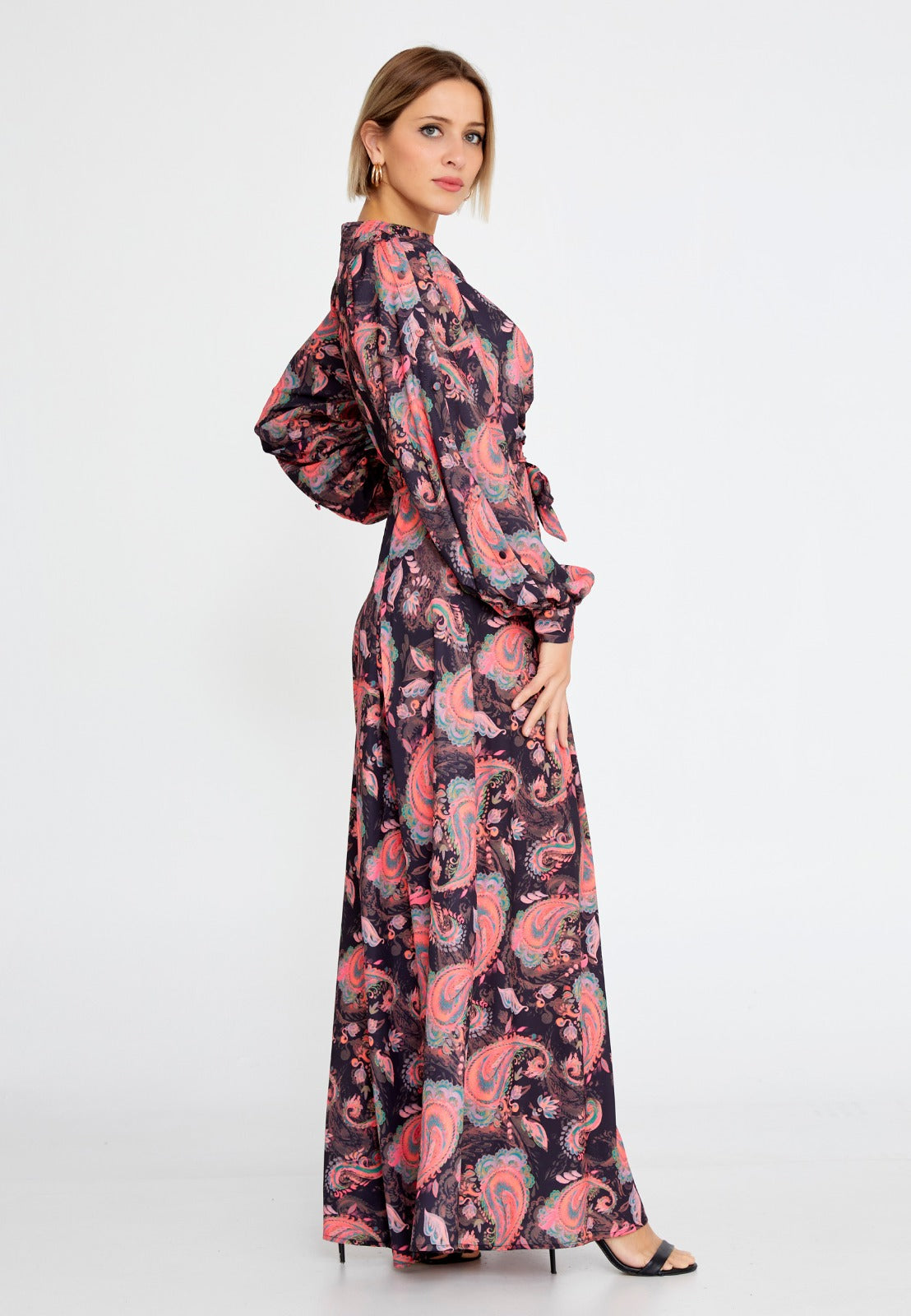 Pink Black Floral Crepe Maxi Dress 2