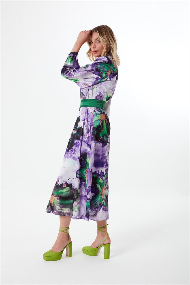 Purple Green Satin Midi Dress 8