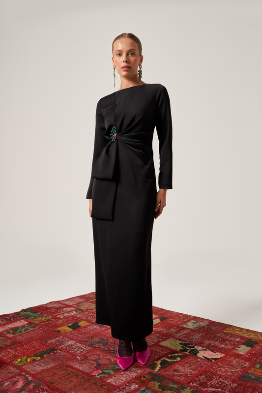 Black Long Sleeve Midi Viscose Column Regular Casual Dress