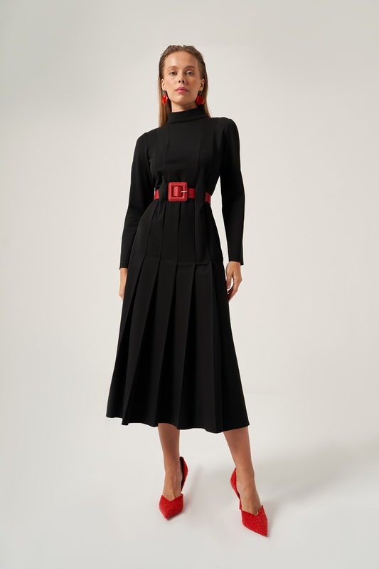 Black Pleated Leather Belted Dress