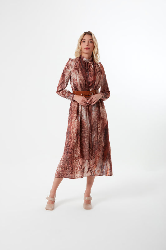 Mahogany Snakeskin Patterned Leather Belted Dress