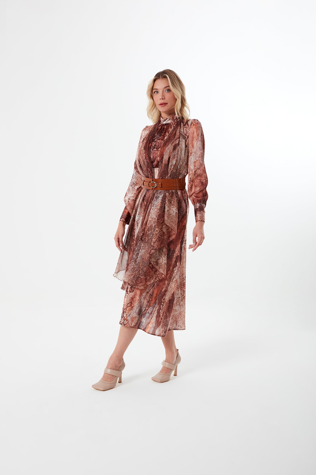 Mahogany Snakeskin Patterned Leather Belted Dress