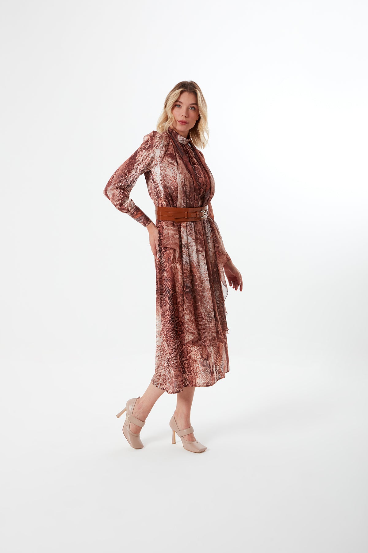 Mahogany Snakeskin Patterned Leather Belted Dress