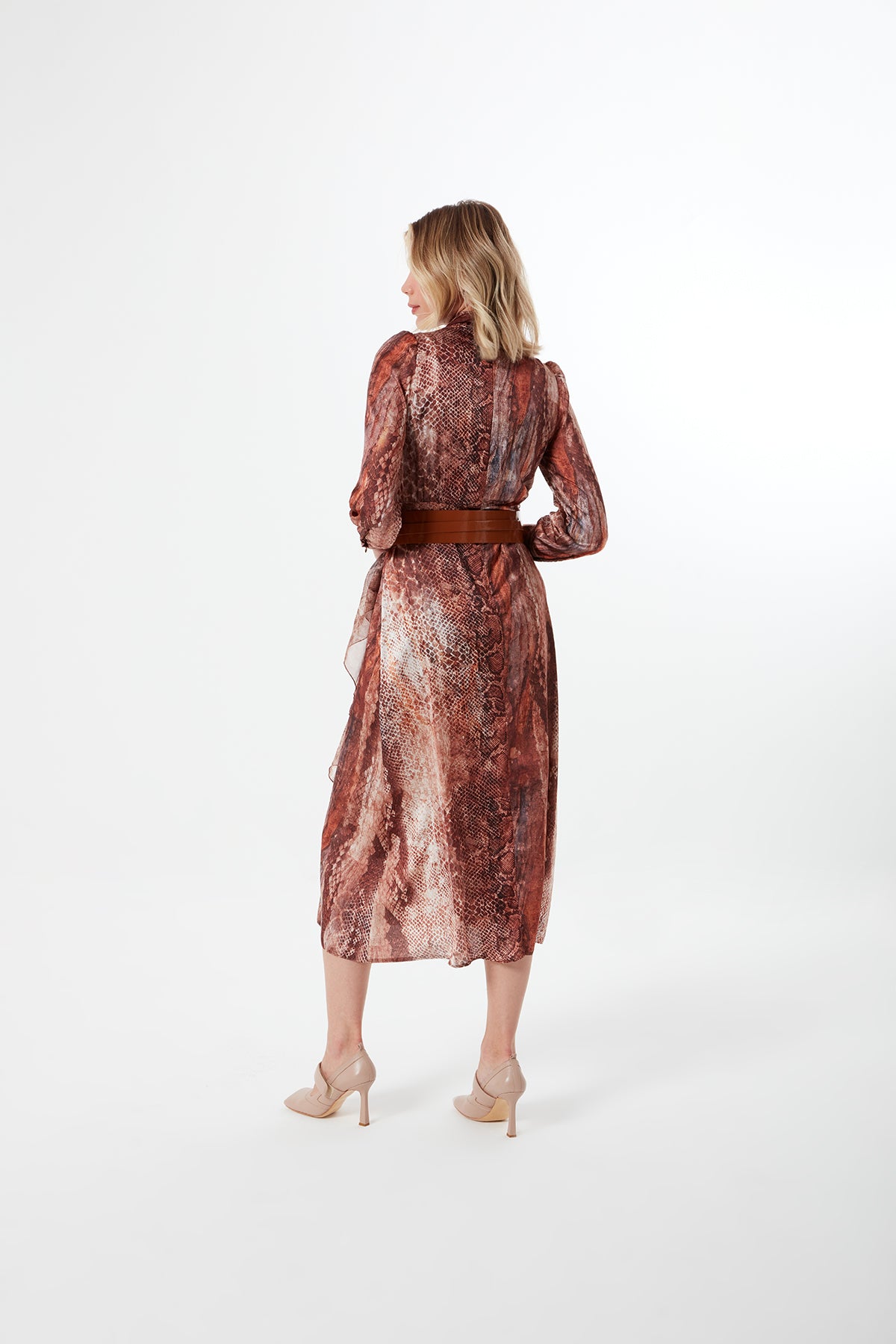 Mahogany Snakeskin Patterned Leather Belted Dress