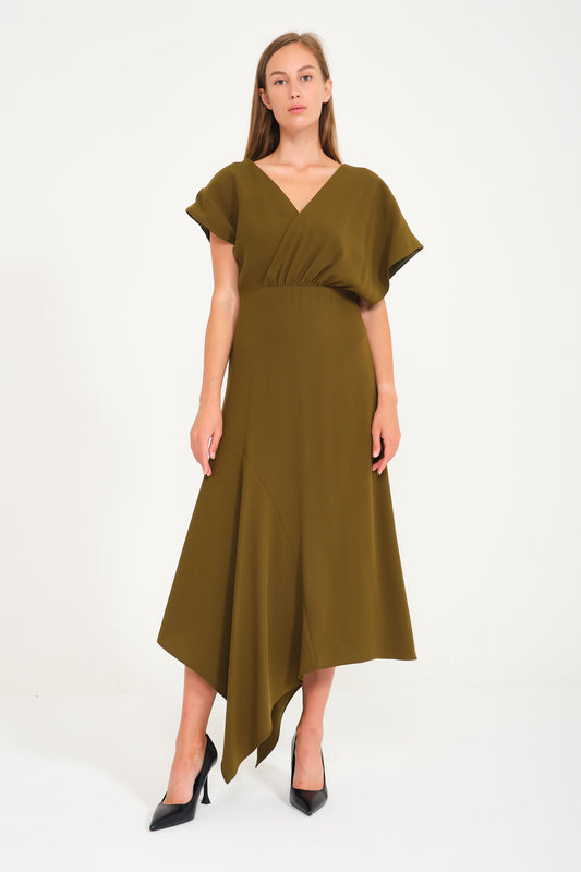 Dark Olive V-Neck Short Sleeve Dress