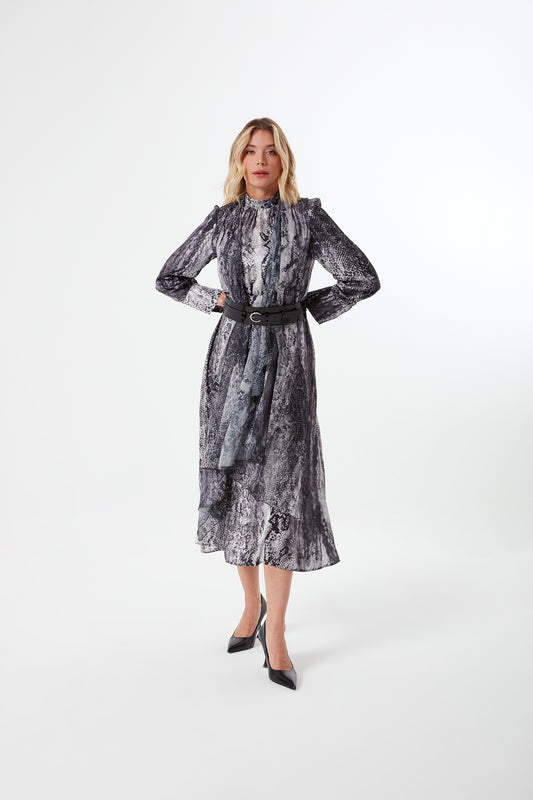 Gray Snakeskin Patterned Leather Belted Dress