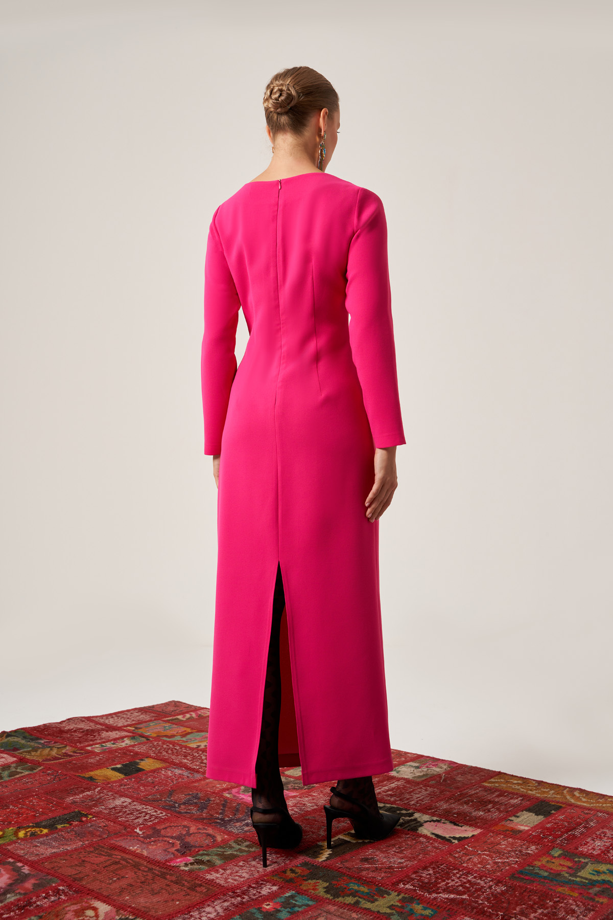 Pink Long Sleeve Midi Viscose Column Regular Casual Dress