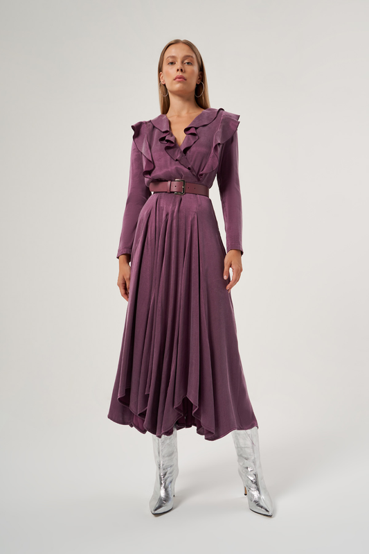 Purple Ruffled Neckline Pleated Dress