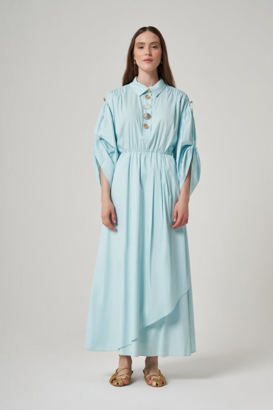 Long Sleeve Maxi Linen Column Regular Aqua Dress