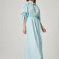 Long Sleeve Maxi Linen Column Regular Aqua Dress